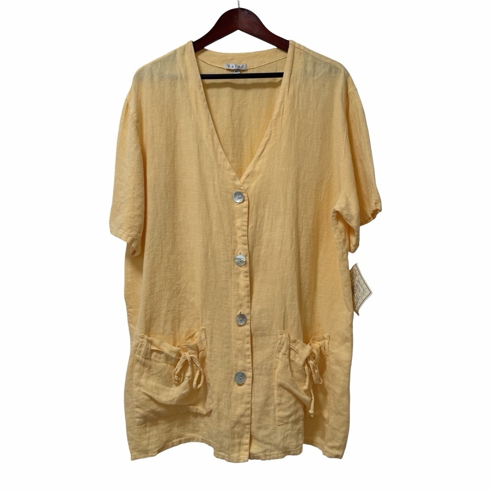 Focus USA Womens Linen V Neck Button Up Top Size XL Yellow Lagenlook Coastal NEW